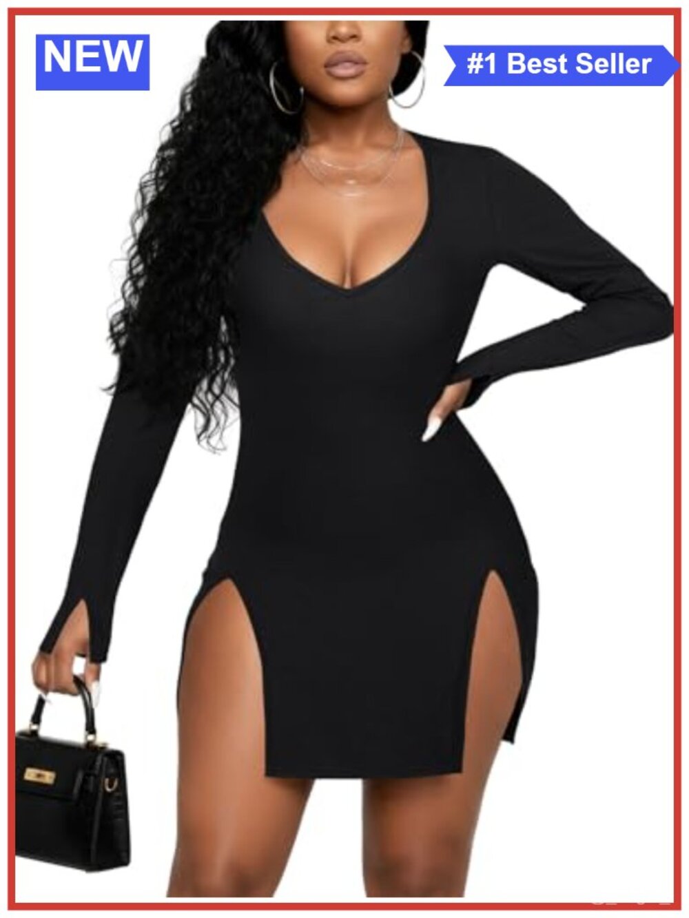 Rooscier V-Neck Long Sleeve Bodycon Mini Dress Side Split Club Party